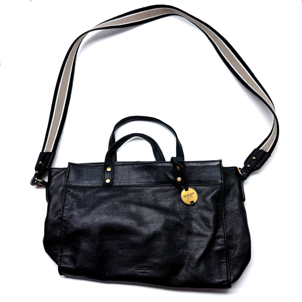 Margot New York Black 100% Leather Casey Cross Body Tote Bag Shoulder Strap